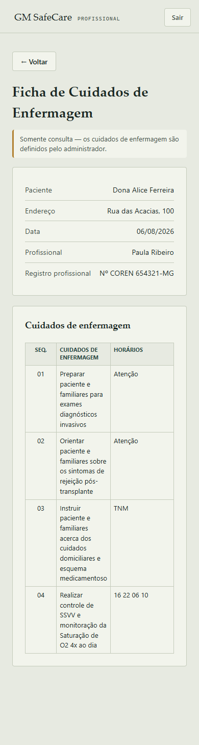 Ficha de Cuidados de Enfermagem em modo somente consulta