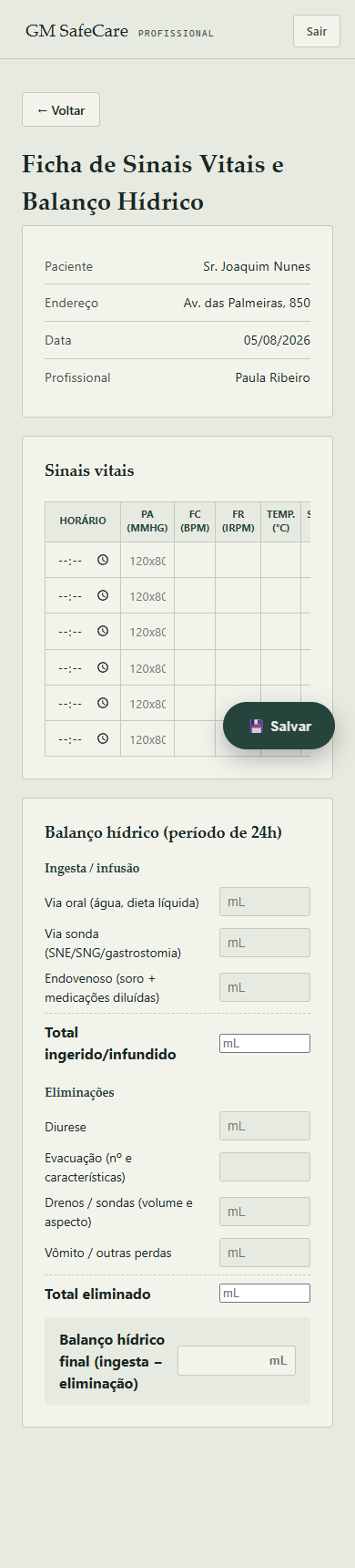 Ficha de Sinais Vitais e Balanço Hídrico aberta para preenchimento