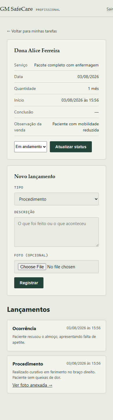 Detalhe da tarefa com formulário de novo lançamento e lançamentos já feitos